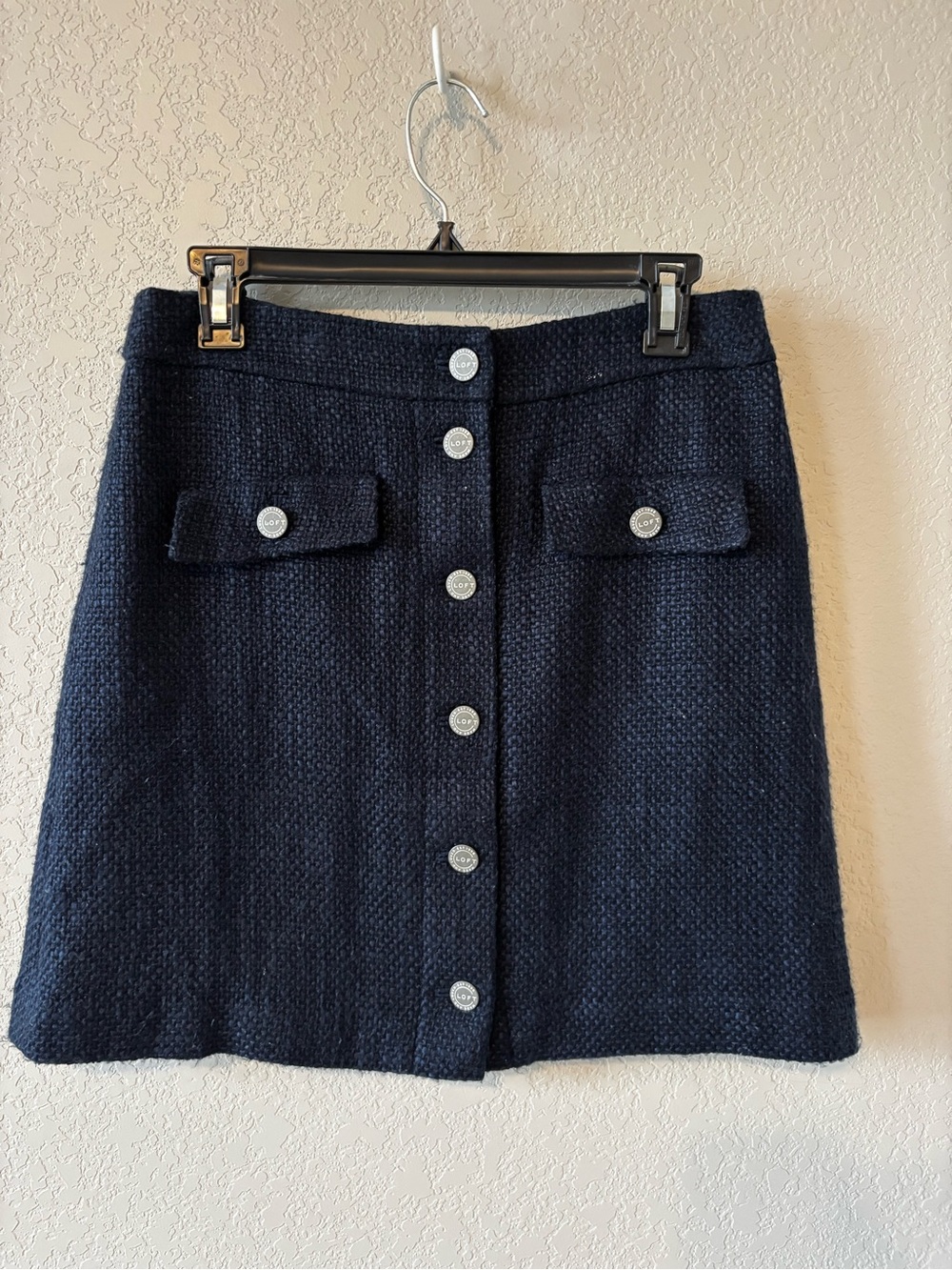 LOFT Navy Textured Button-Front Mini Skirt